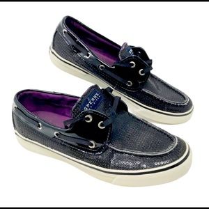 Sperry Top-Sider Black Sequin Two Eye Moisture Wicking Boat Shoes Size 7.5 M